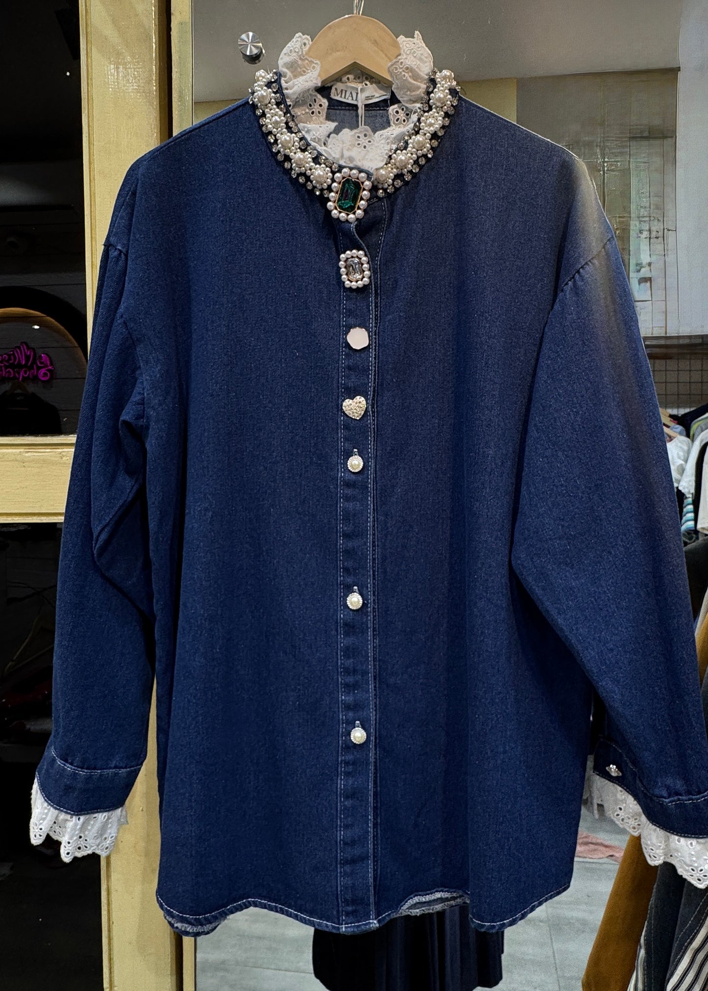 Denim Shirt with Lace, Pearl & Stone Work