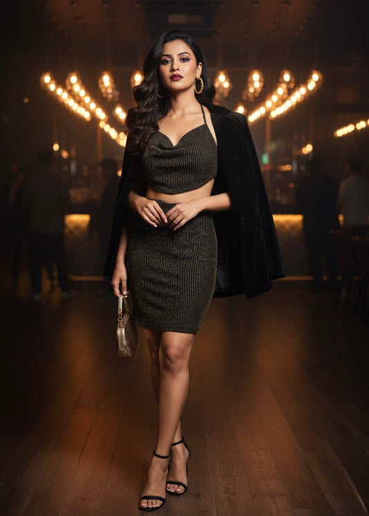 2Pc Set - Shimmer Cowl Neck Halter Top & Skirt