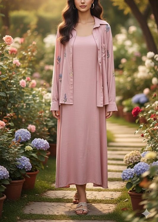 Long Plain Cotton Dress with Matching embroidered Shirt