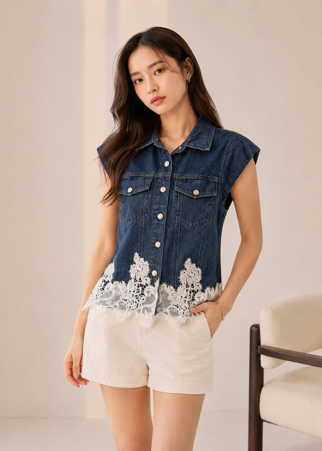 Denim Shirt with Lace Work