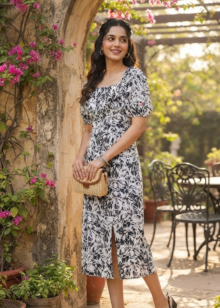 Black n White Printed Midi Dress