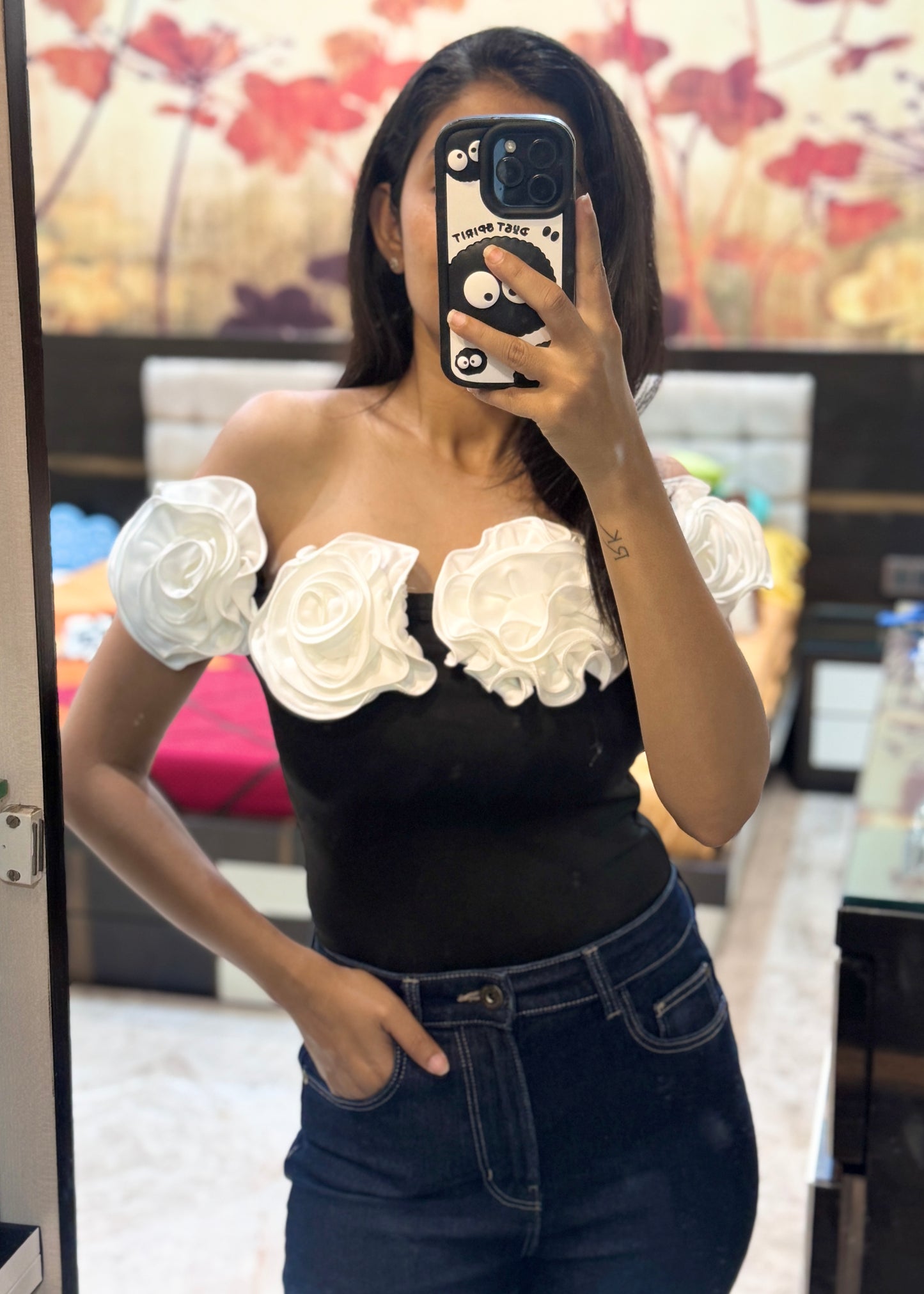 Partywear Bodysuit Top with Floral Neckline