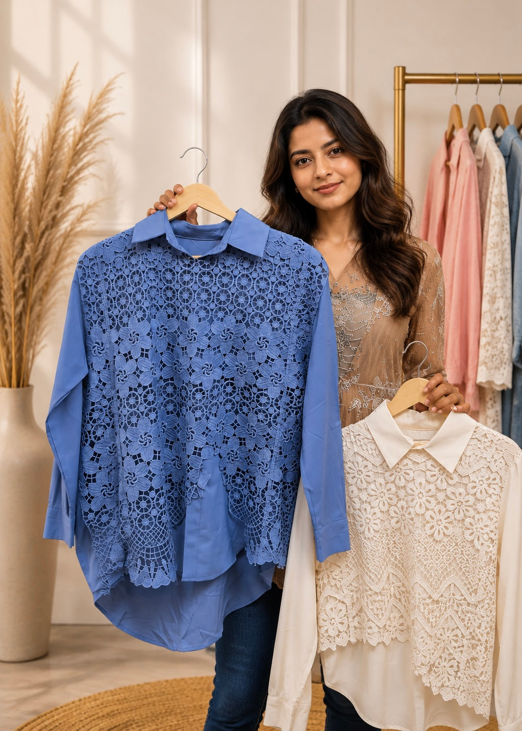 2Pc Layered Shirt Set with Floral Crochet Cutwork Overlay