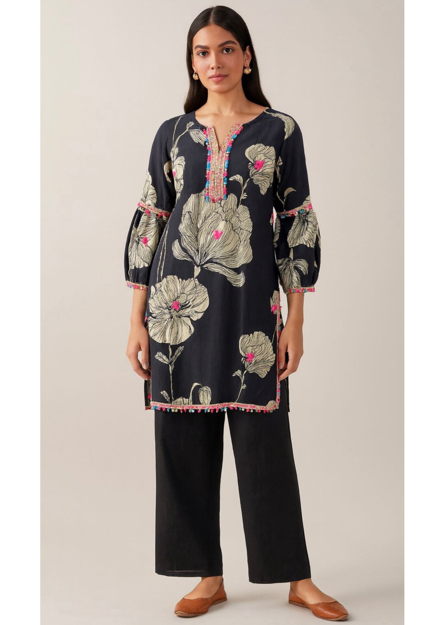 2 Pc Set - Printed Embellished Kurta with plain Pant