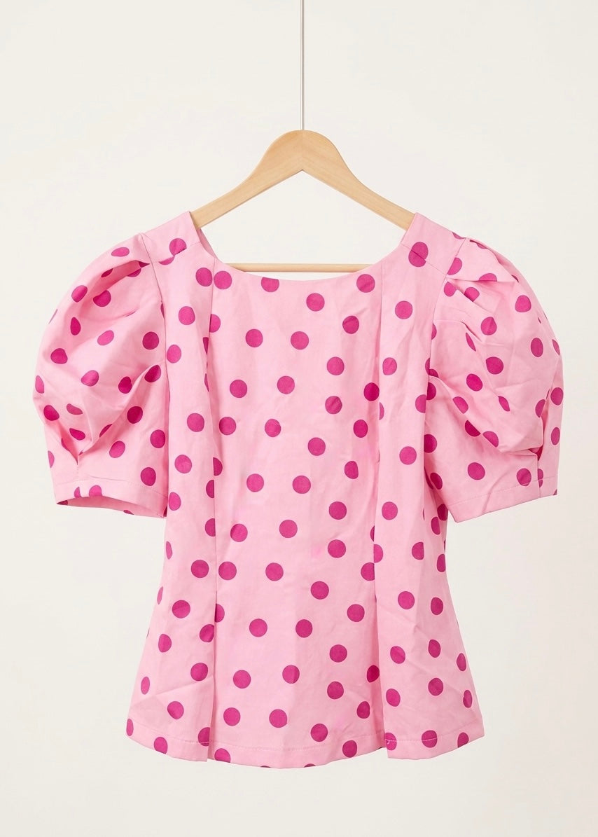 Pink Polka Dot Puff Sleeve Top