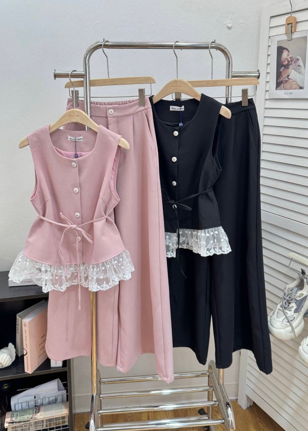3 Pc Set - Shirt with Lace Hemline, Pants and Belt.