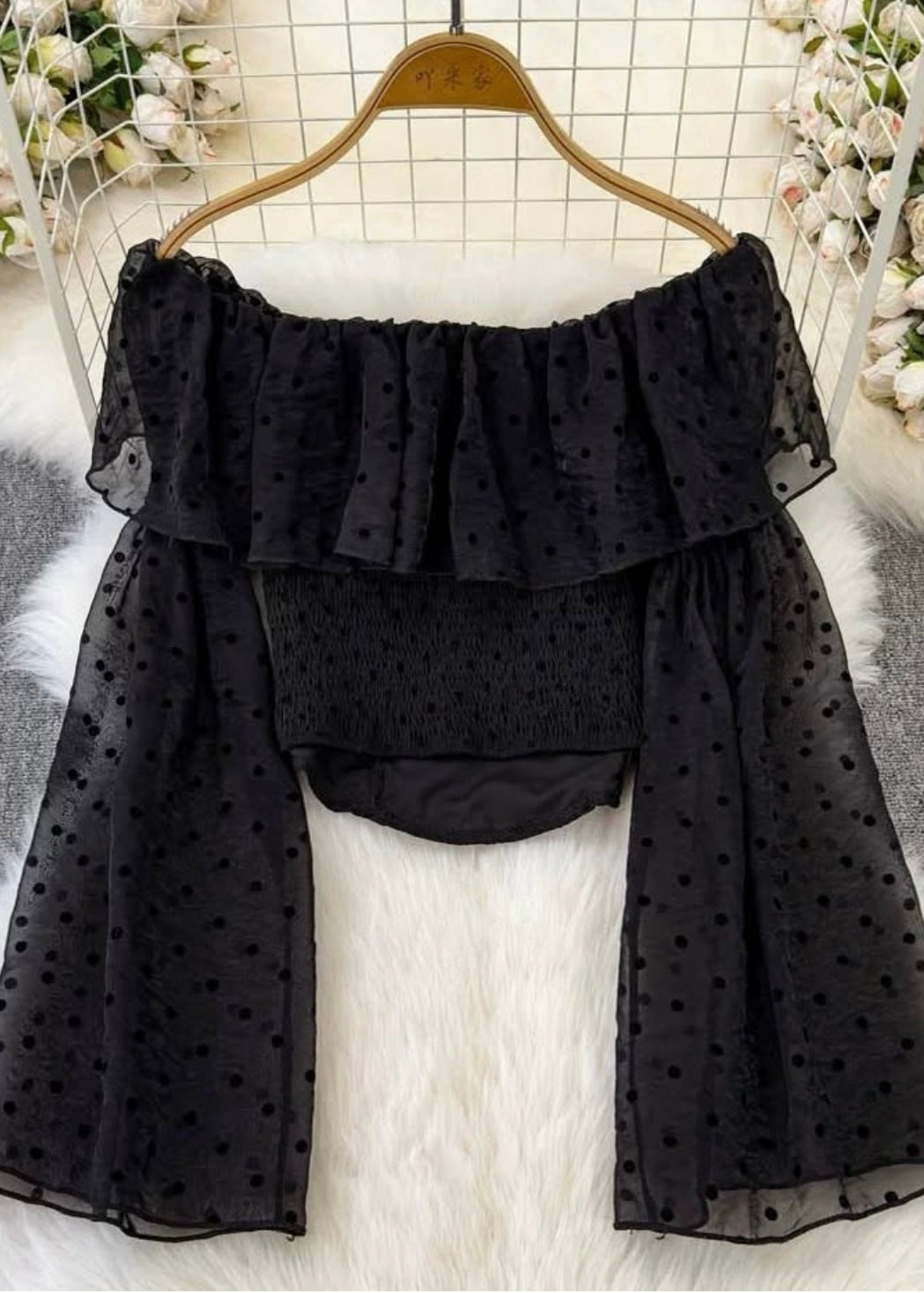 Black OffShoulder Top with Polka Dots