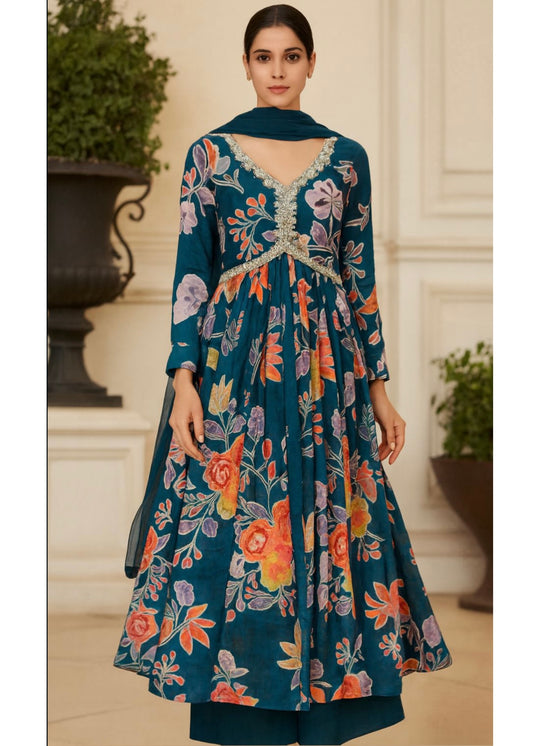 3 Pc Set - Printed Embellished Anarkali with Pant