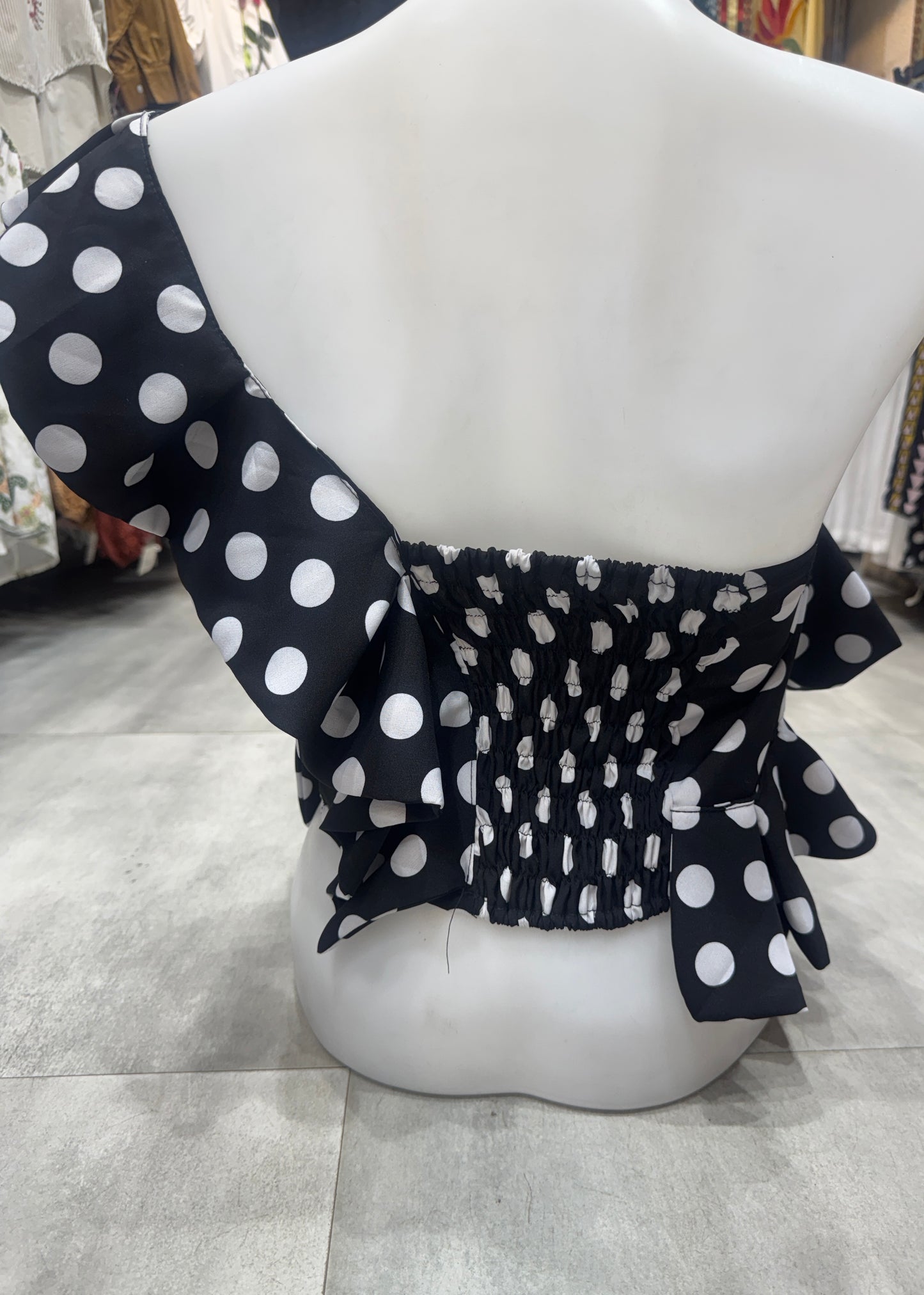 One Shoulder Frilly Polka Dot Top