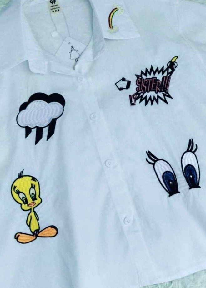 Crop Shirt with Cartoon Embroidered Patches.