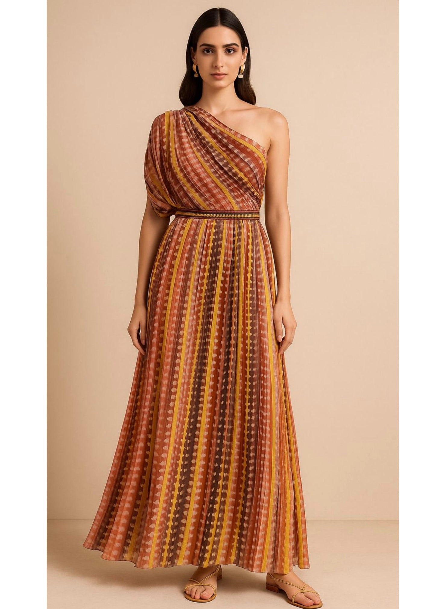 Long Printed One Shoulder Gown