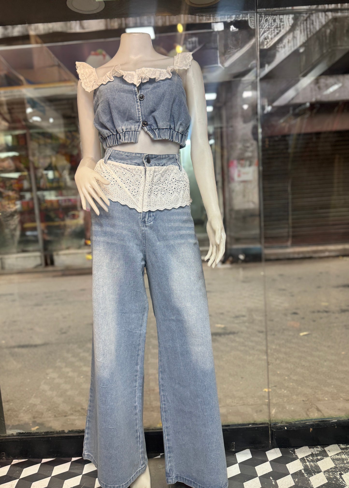 2 Pc Set - Denim Top and Pant with Lace Detailing