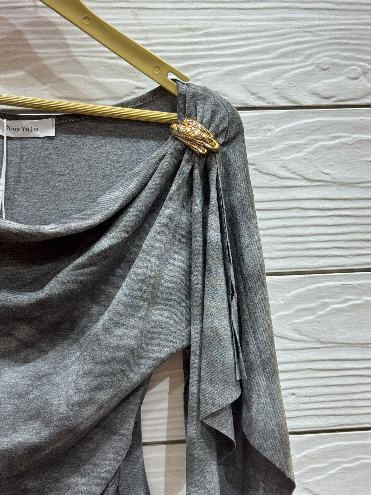 Grey Cowl Neck Top with Gold Buckle & Ruffle Detail
