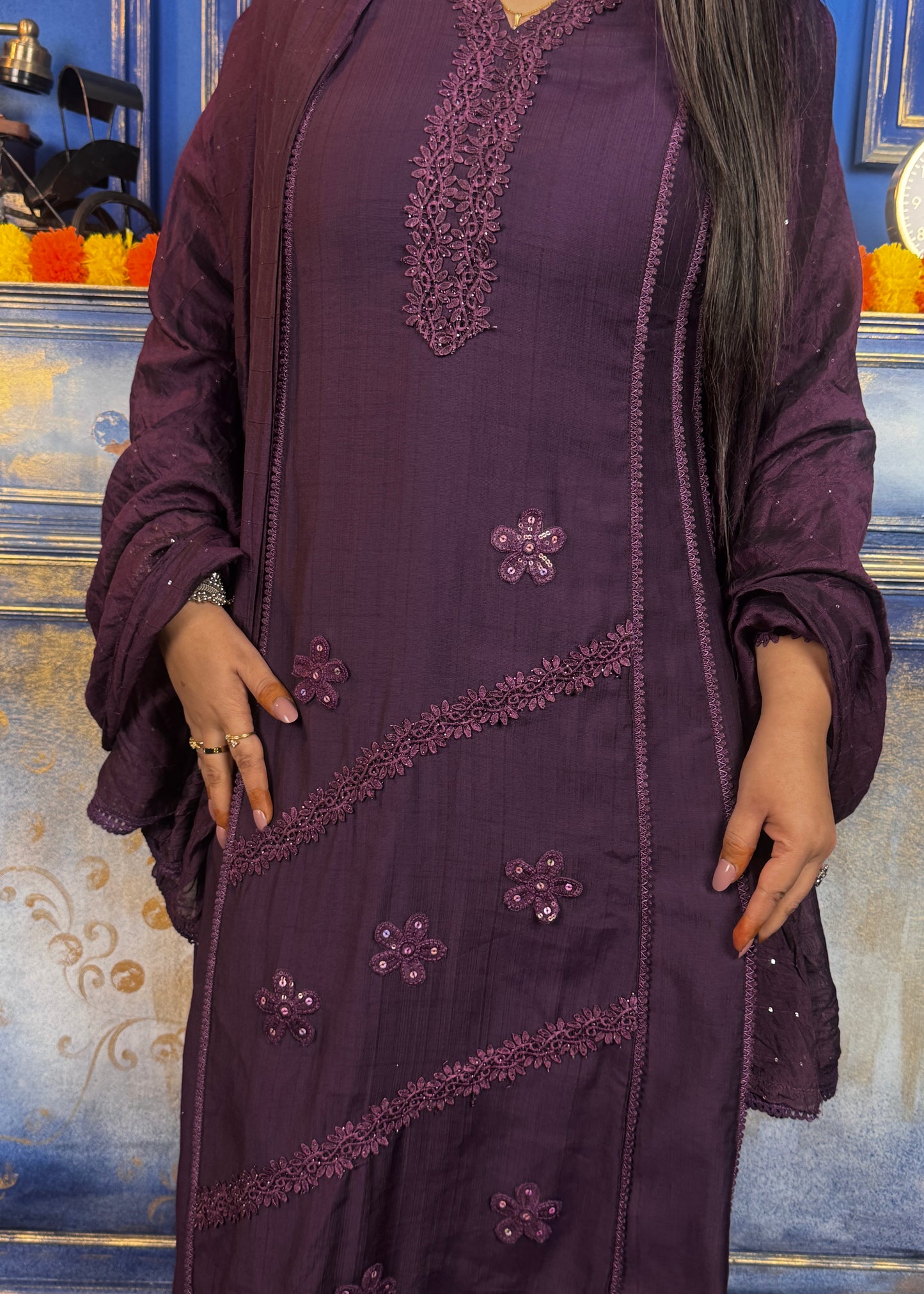 3 Pc Set - Festive Embroidered Kurta, plain Pant and Dupatta