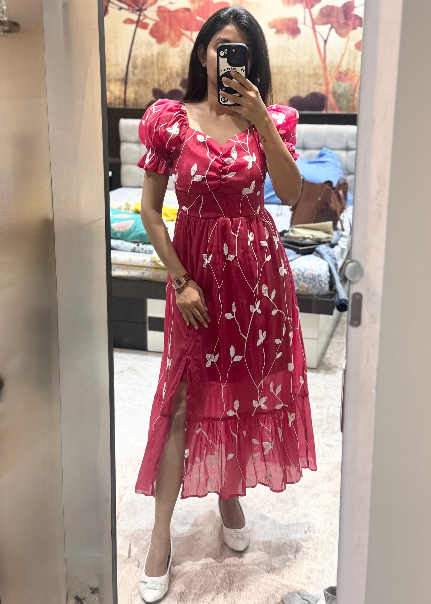Embroidered Dress with Front Slit