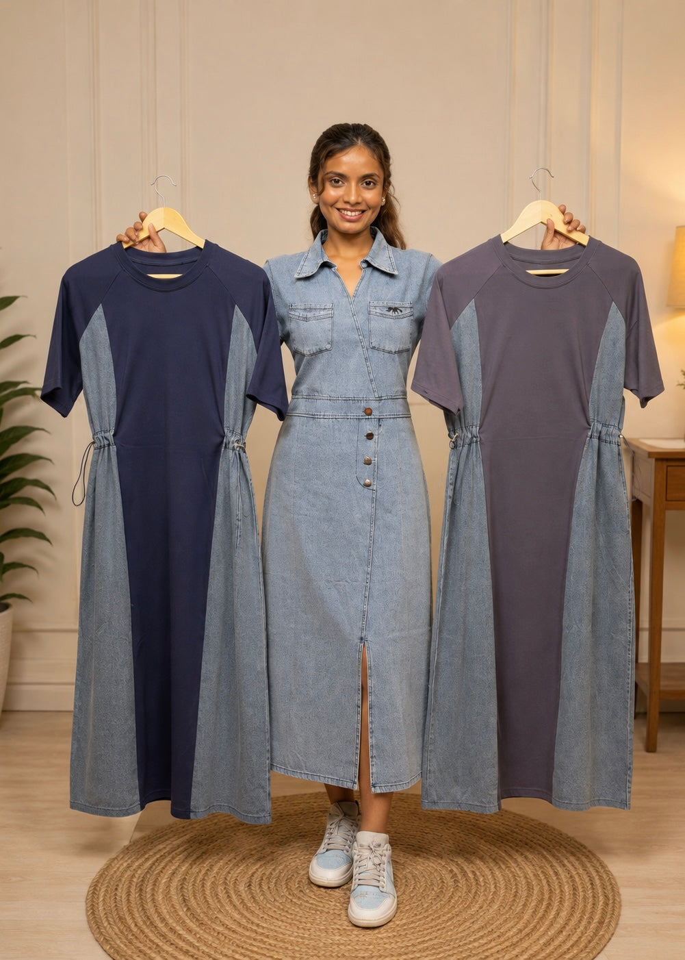 Colorblock Denim-Panel T-Shirt Maxi Dress