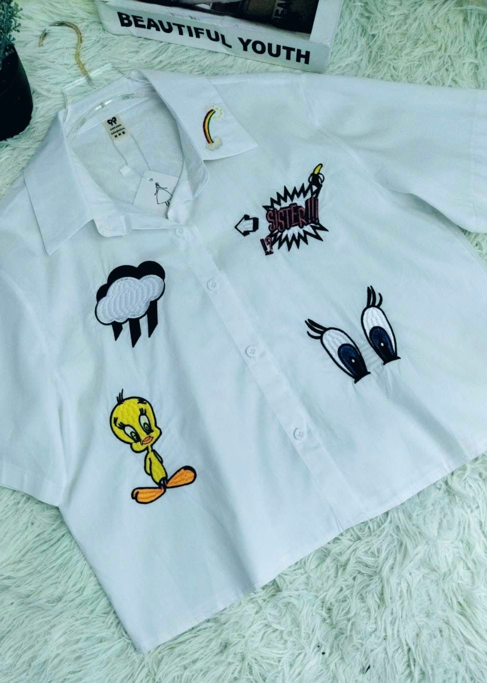 Crop Shirt with Cartoon Embroidered Patches.