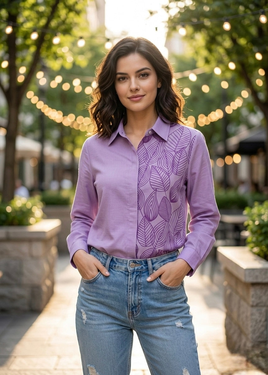 Half Printed Half Solid Cotton Shirt