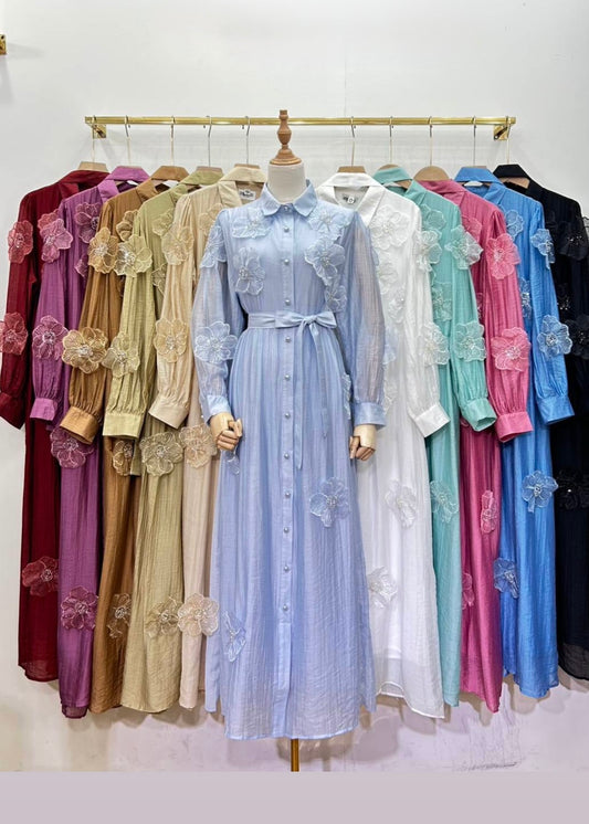 Long Shirt Dress with 3D Floral Patches