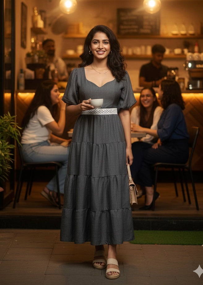 Long Plain Dress with Lace Belt
