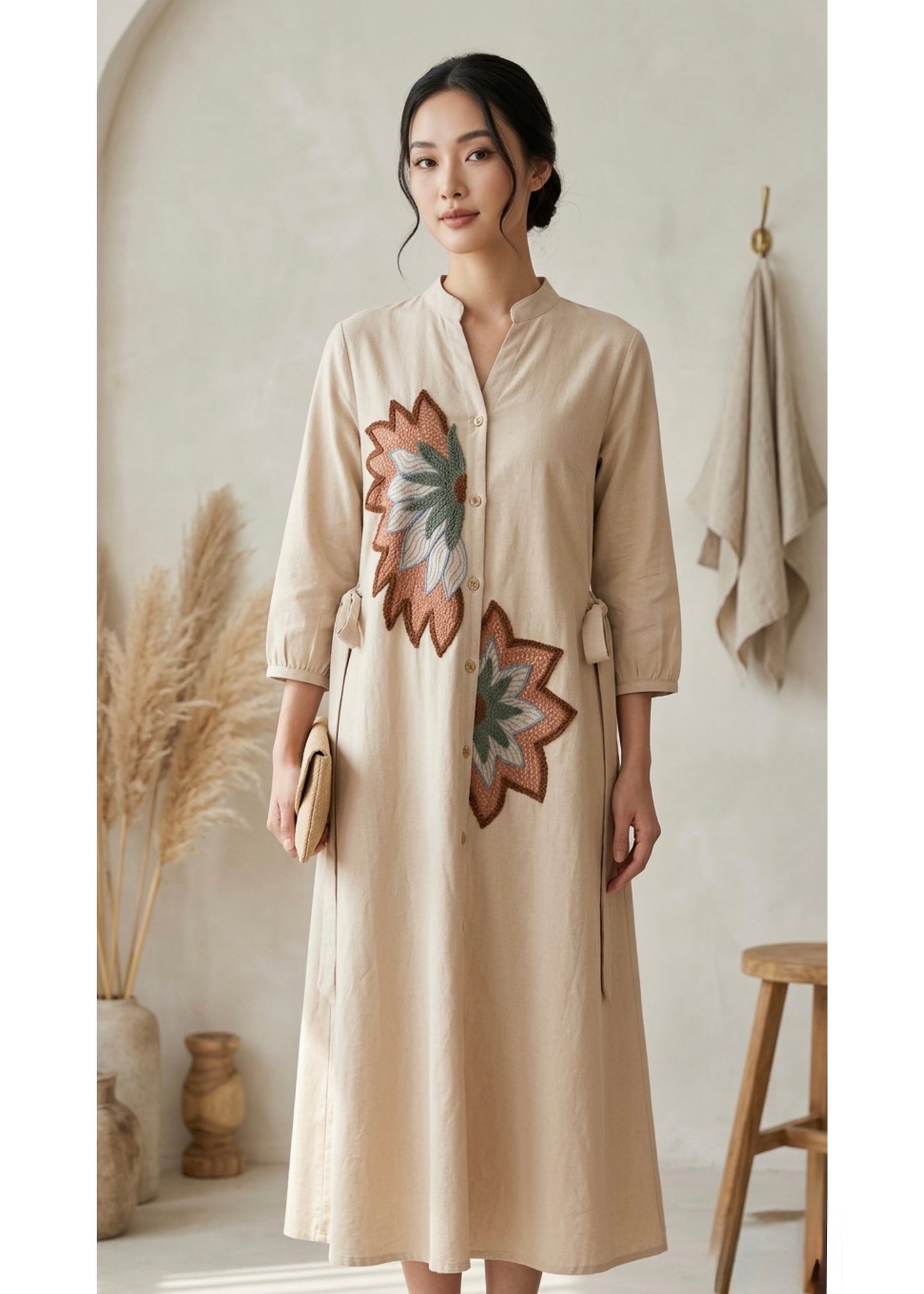 Embroidered Cotton Linen Shirt Dress with Belt
