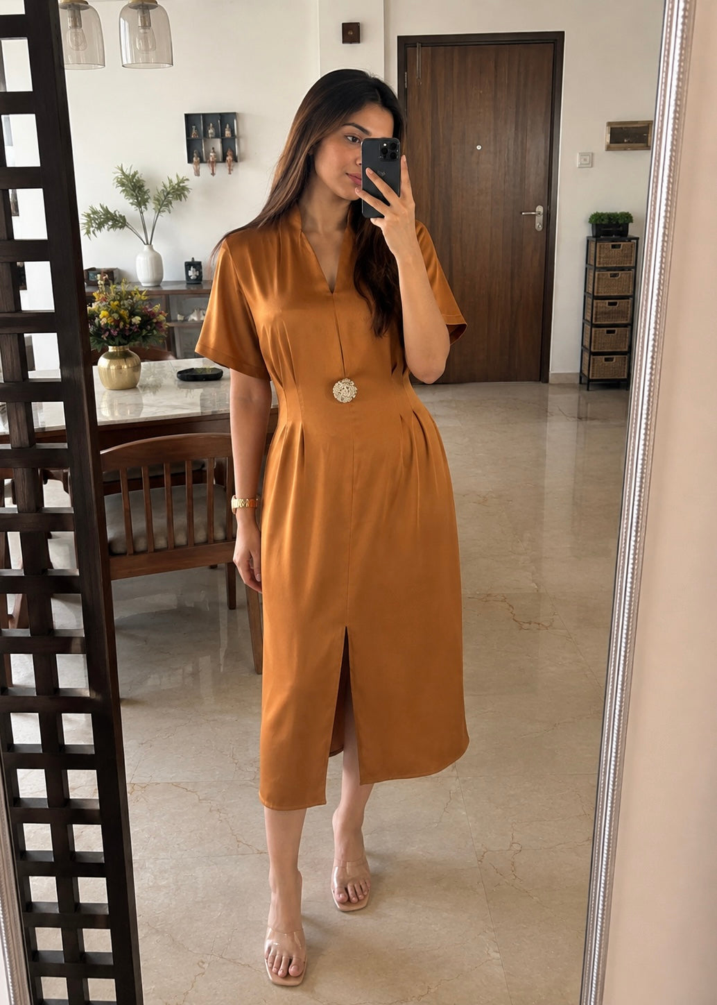 Satin Midi Dress with Metal Brooch Detail