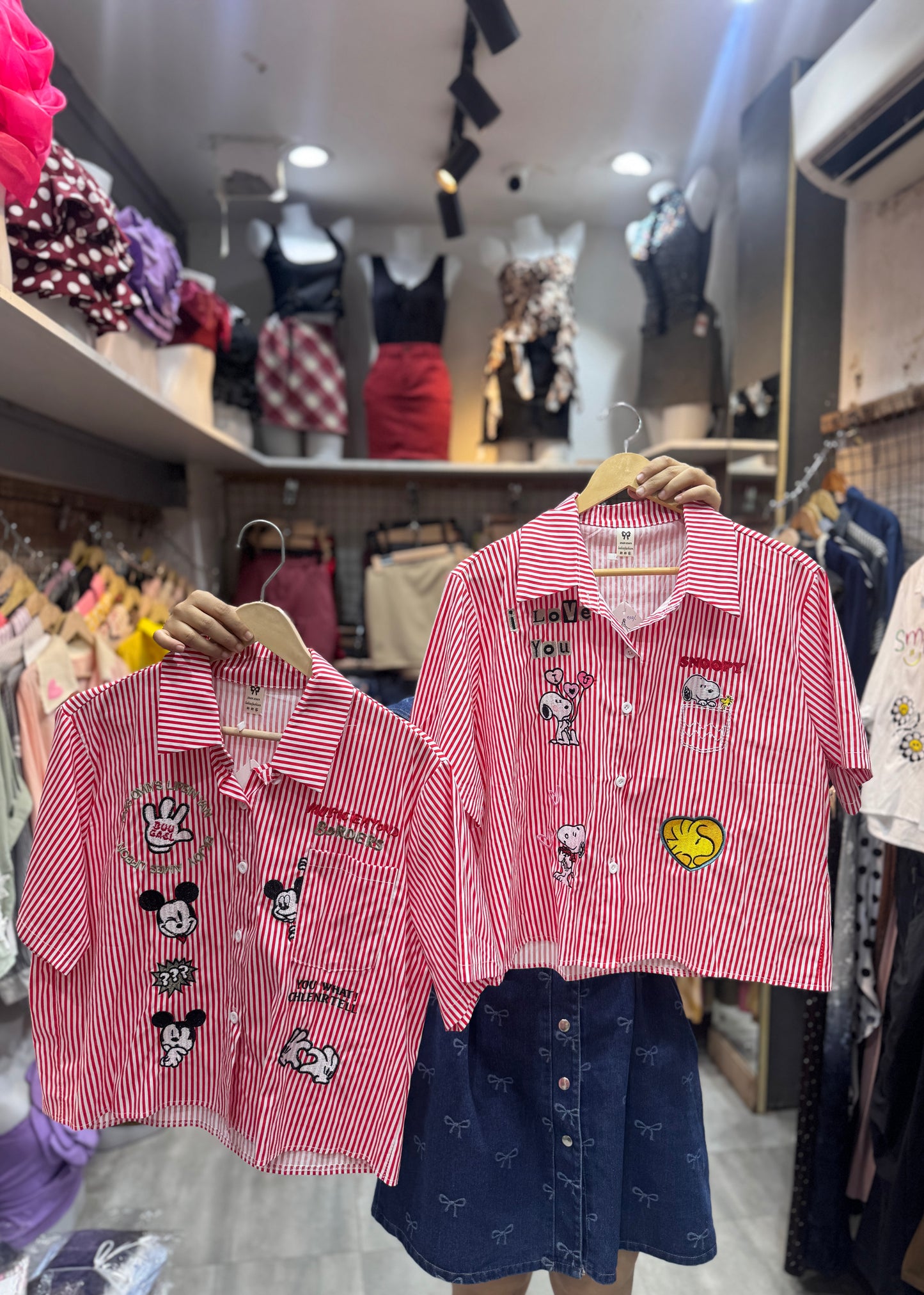 Striped Crop Shirt with Cartoon Design