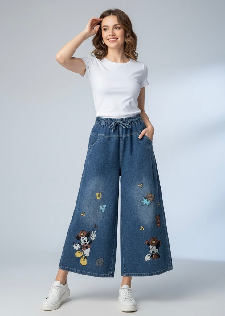 Wide Legged Denim Pant with Cartoon Embroidery