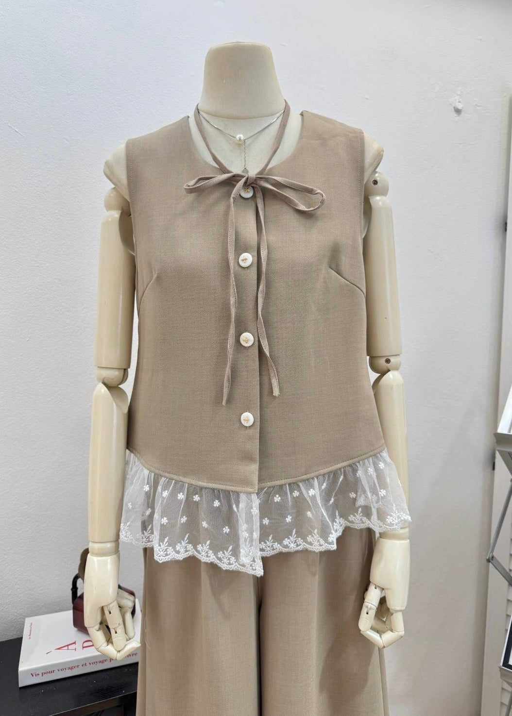 3 Pc Set - Shirt with Lace Hemline, Pants and Belt.