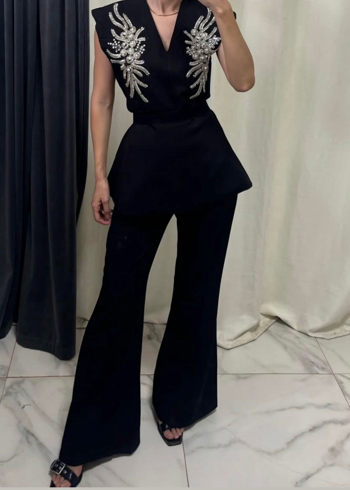 2 Pc Set - Stone Embroidered Peplum Top with Pant and Belt.