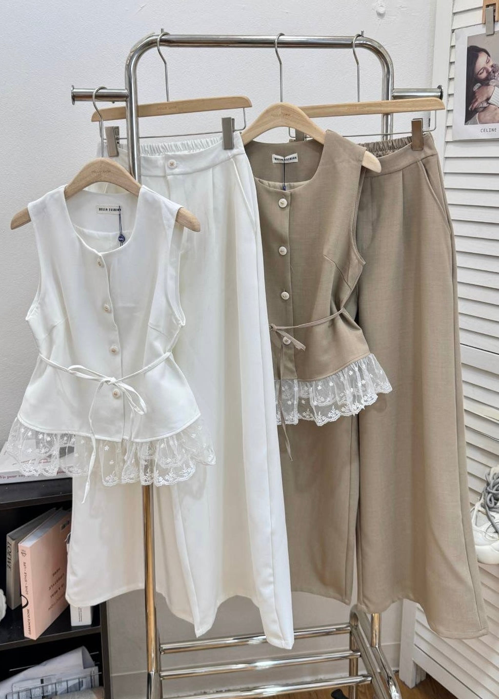 3 Pc Set - Shirt with Lace Hemline, Pants and Belt.