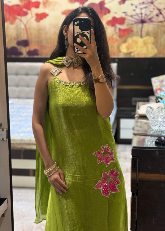 3 Pc Set - Embroidered Kurta, Flare Pants and Choker Dupatta