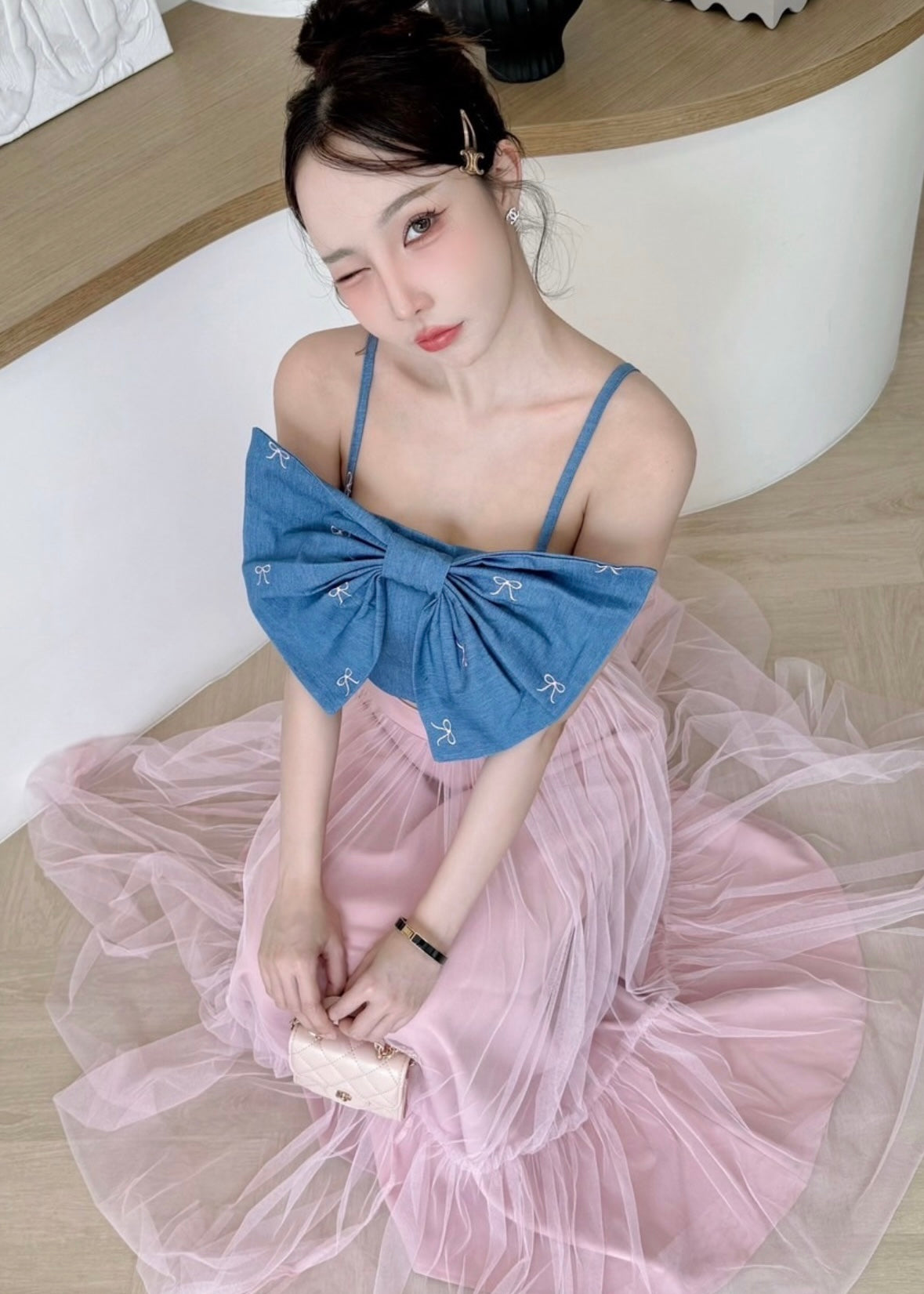 2 Pc Set - Bow Top & Flare Skirt