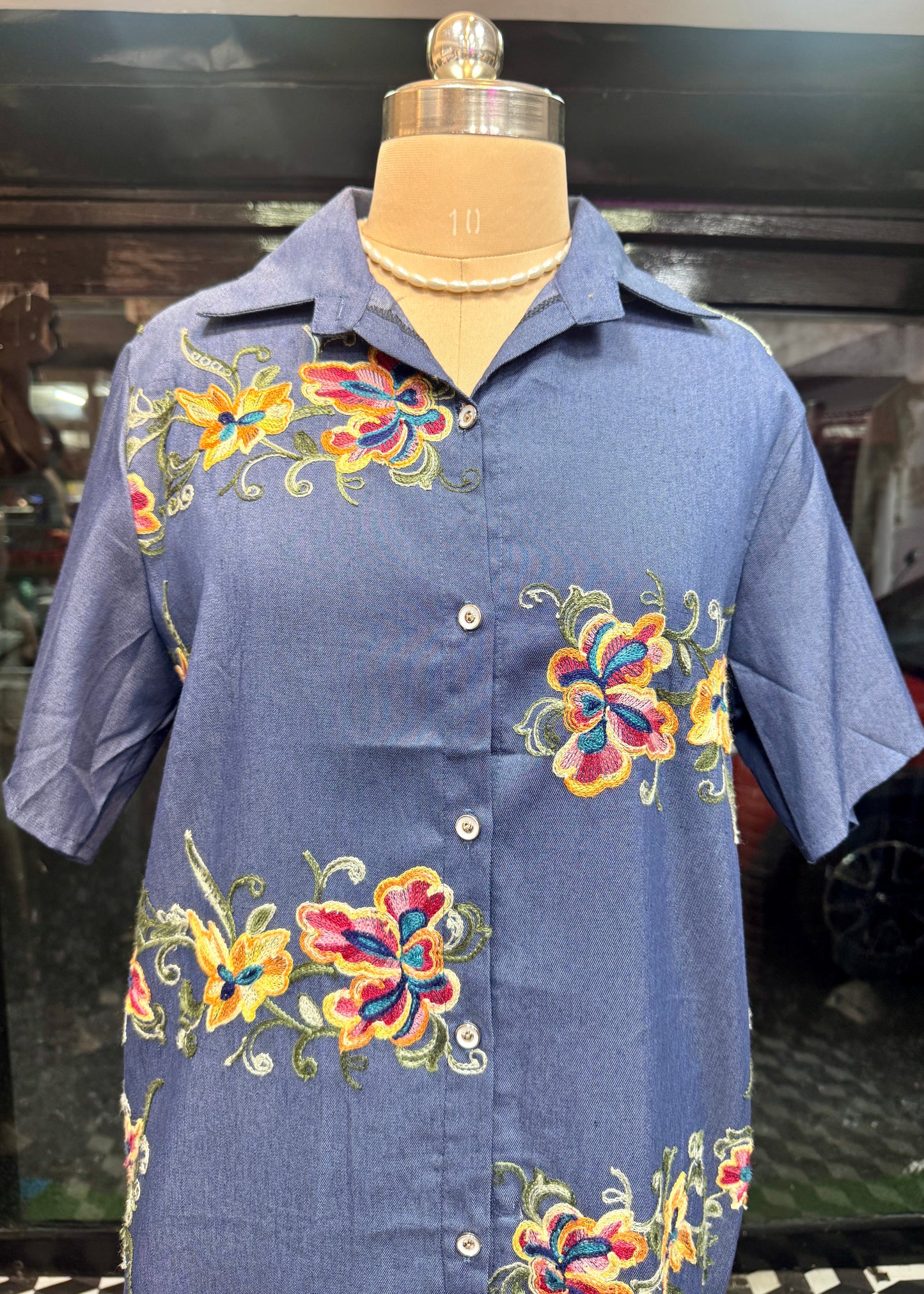 Floral Embroidered Denim Shirt Dress