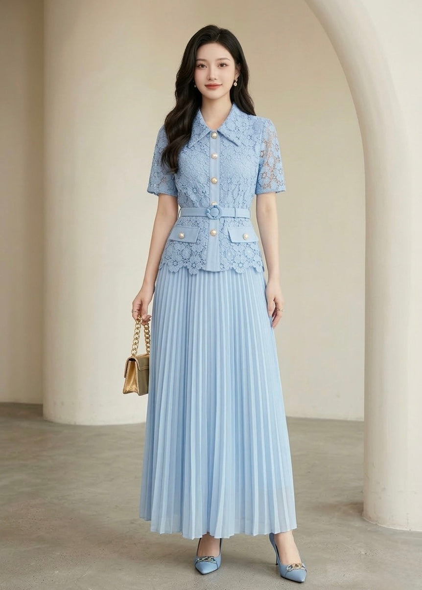 3pc Set - Schiffli Top, Pleated Skirt and Belt