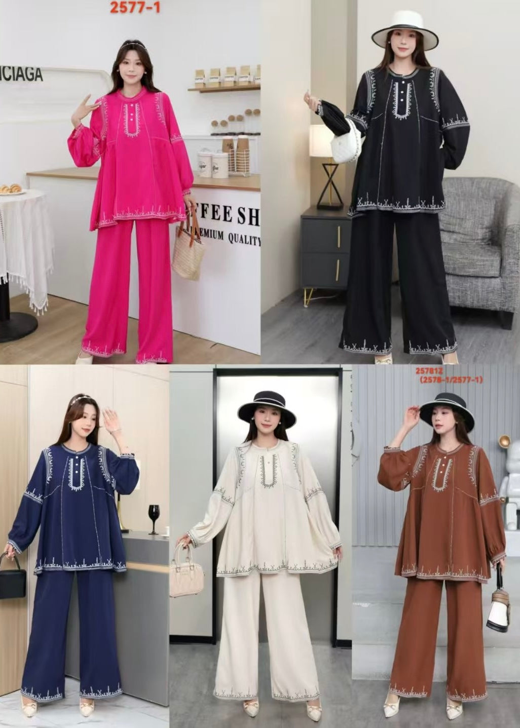 2 Pc Oversized Embroidered Shirt & Plain Pant Set