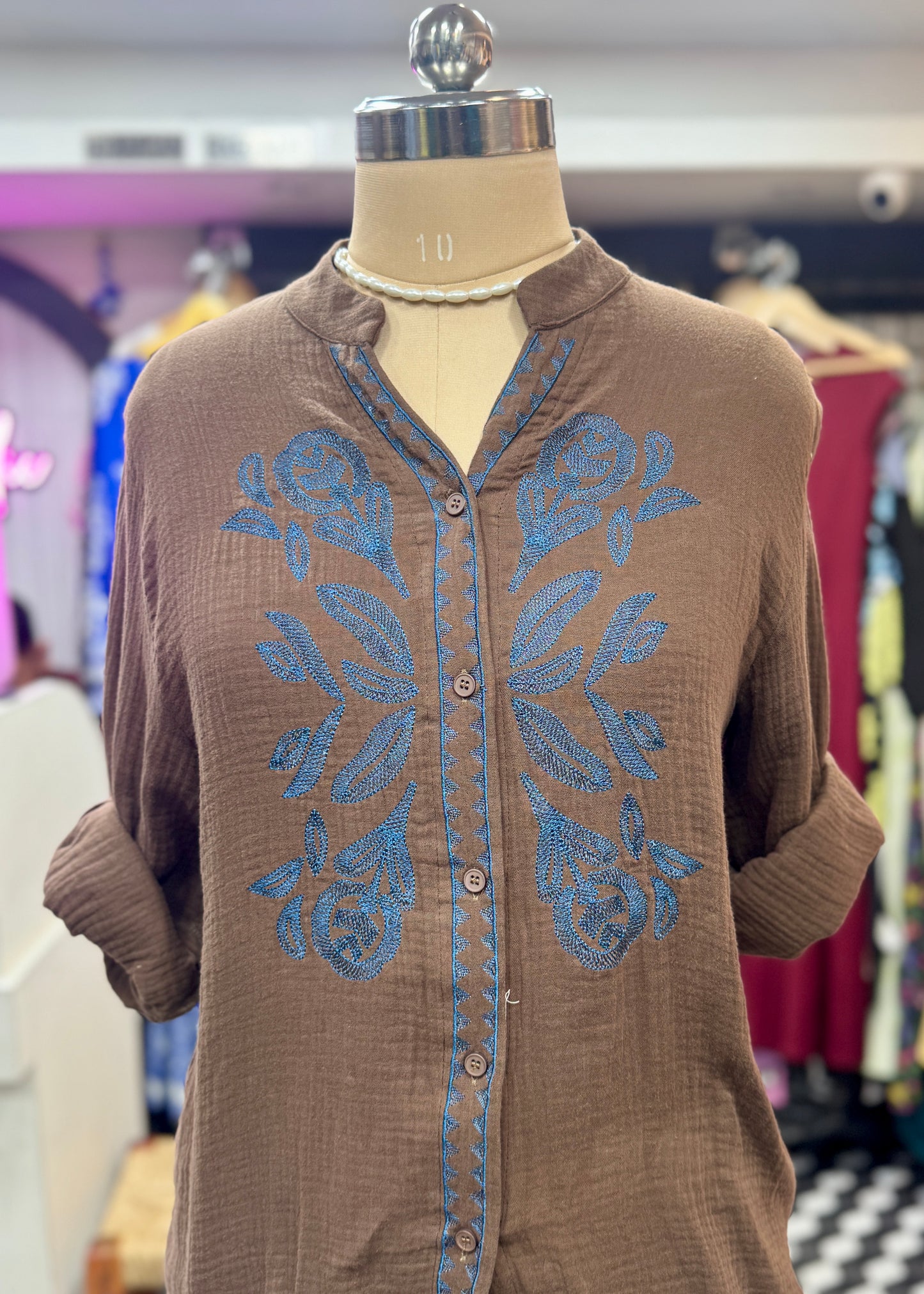 2 Pc Set - Embroidered Linen Shirt with Skirt