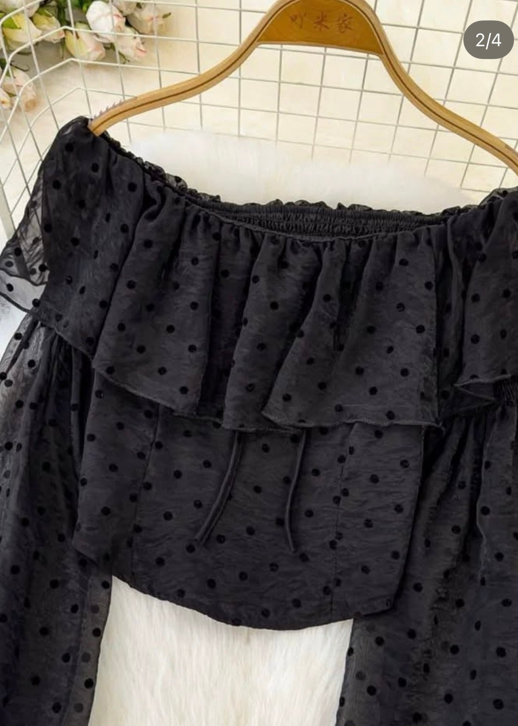 Black OffShoulder Top with Polka Dots