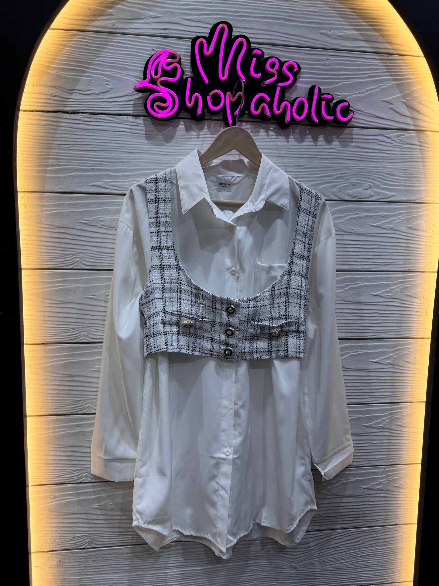 Long White Shirt with Crop Tweed Waist Coat