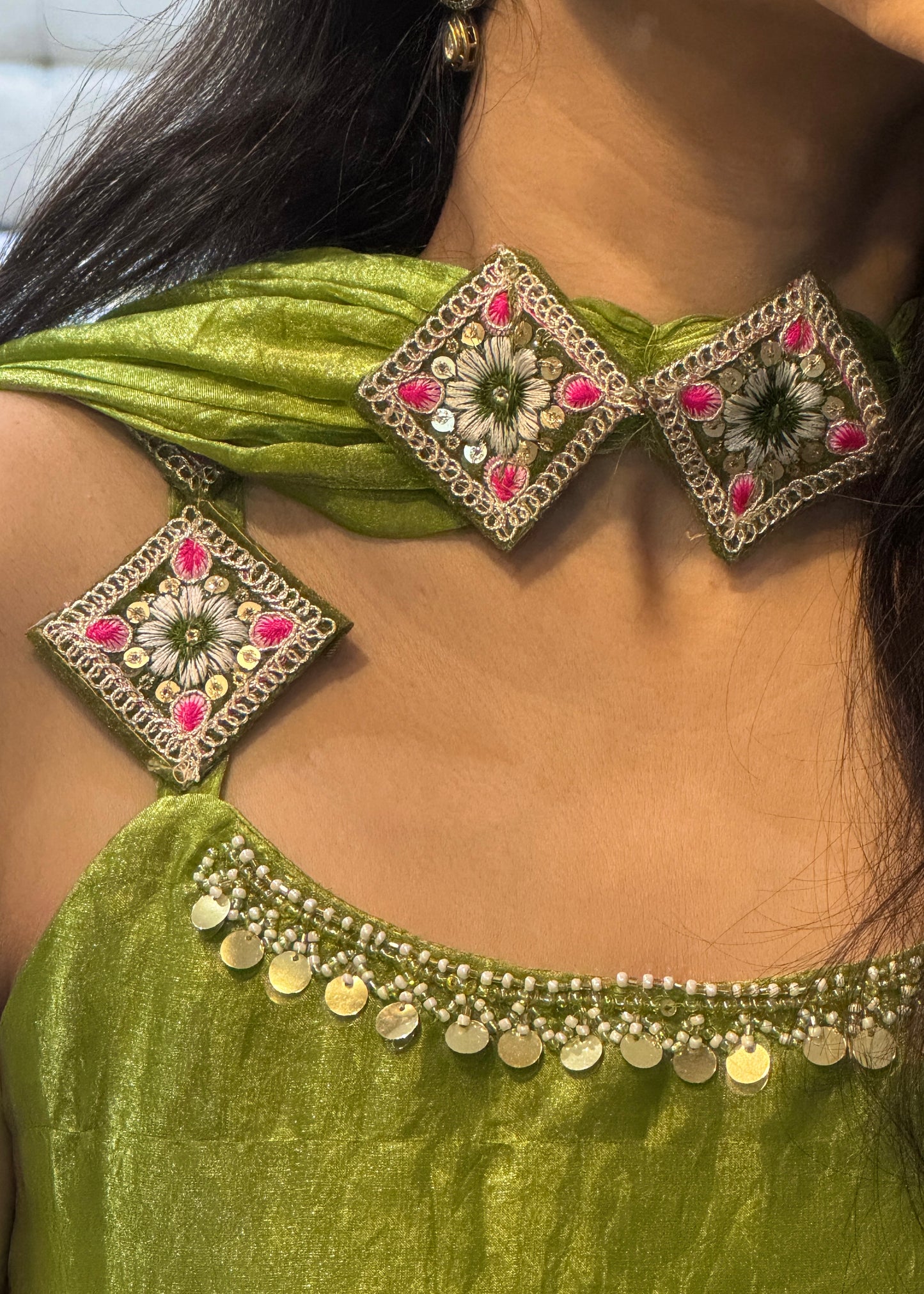 3 Pc Set - Embroidered Kurta, Flare Pants and Choker Dupatta