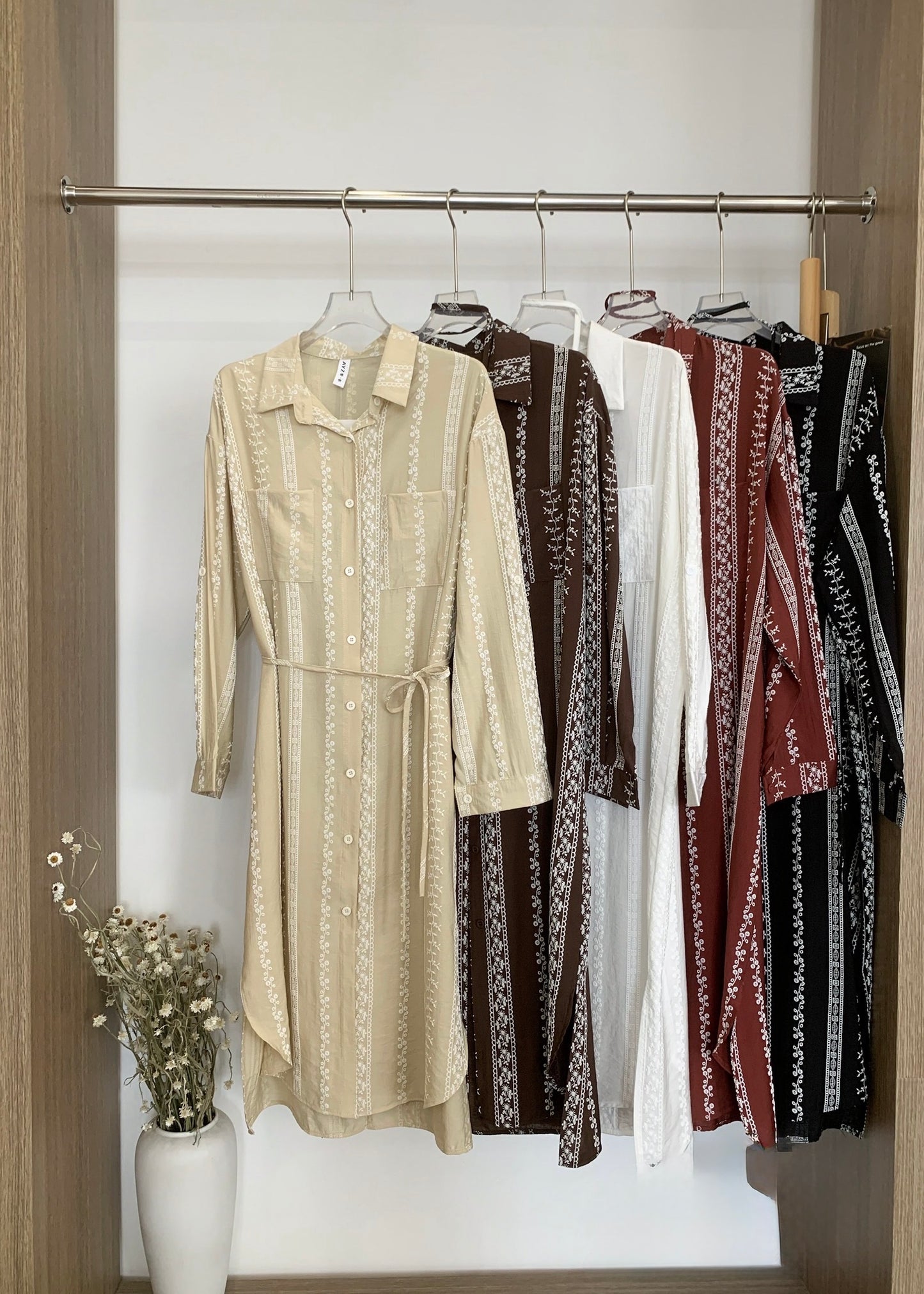 Long Embroidered Shirt Dress with Belt