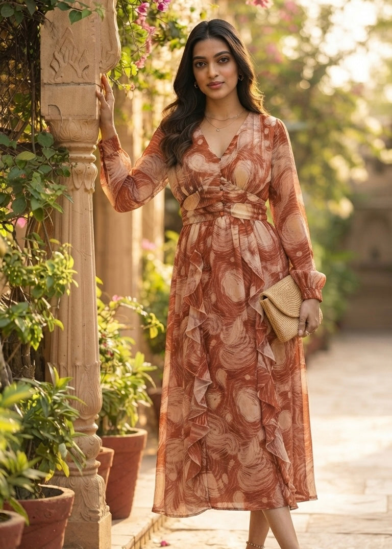 Long Printed Dress with Front Frills