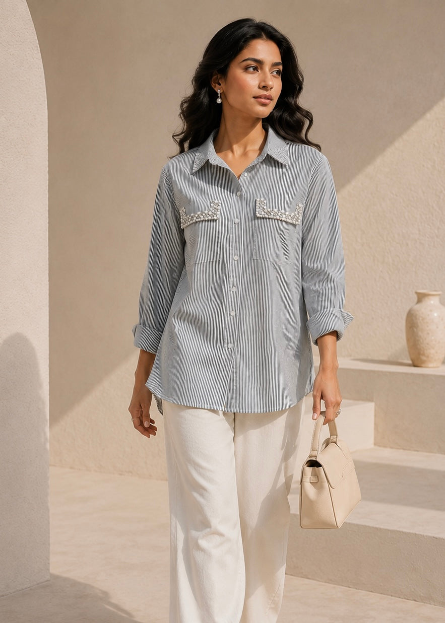 Striped Shirt with Pearl Work on Pocket & Collar
