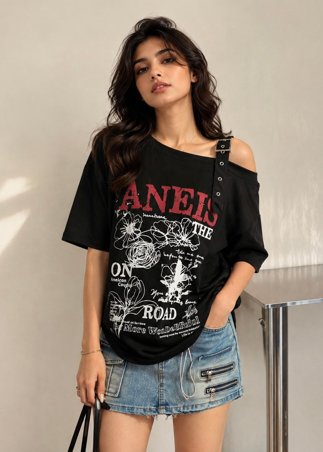 Graphic Print Oversized T-Shirt with Strap Detail