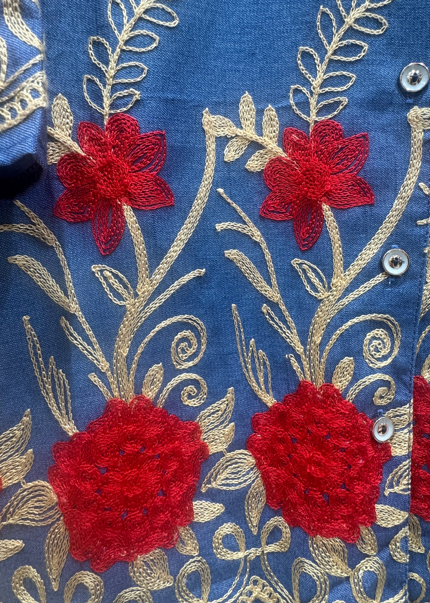 Light Denim Shirt with Floral Embroidery
