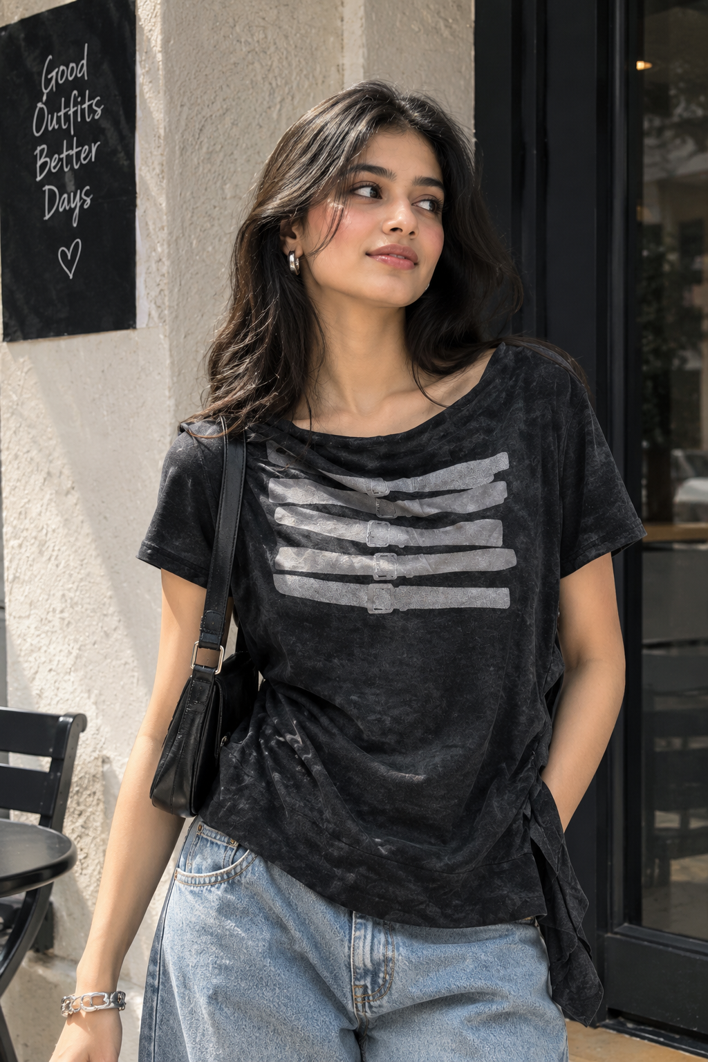 Vintage-Wash Graphic T-Shirt with Unique Strap Print