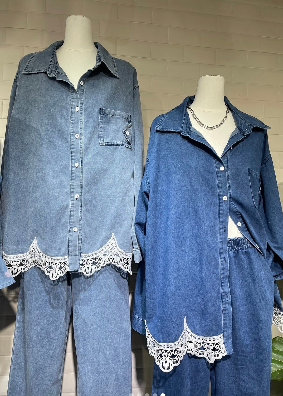 2 Pc Set - Plus Size Denim Shirt and Pant with Lace Detailing