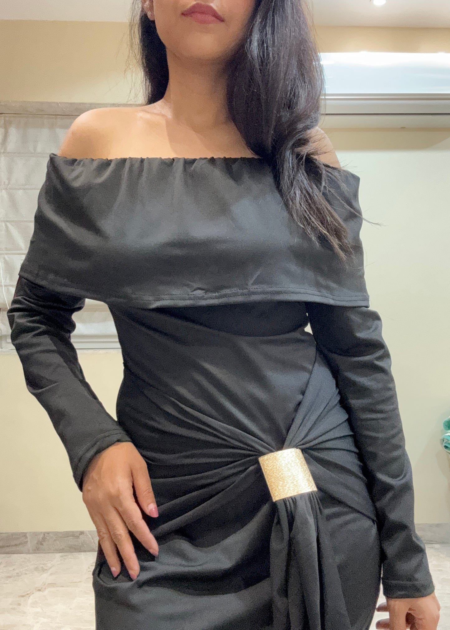 Off Shoulder Bodycon Dress with Side Metal Detailing