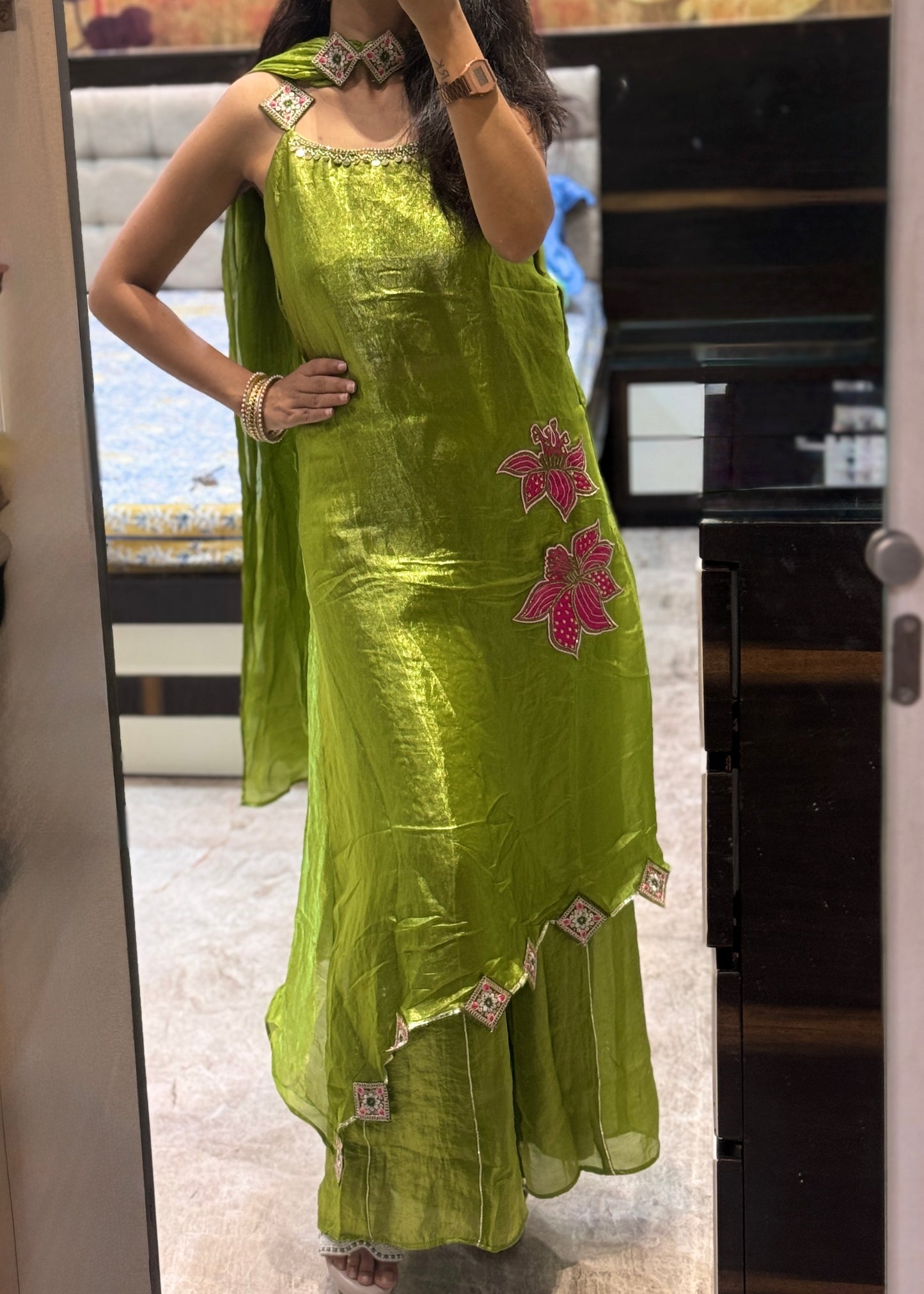 3 Pc Set - Embroidered Kurta, Flare Pants and Choker Dupatta