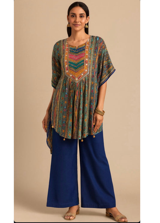 3 Pc Set - Printed Embellished Kaftaan, Inner and Flare Pant